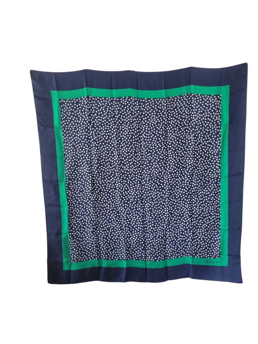 Vtg Studio D Polka Dot Navy & Green Square Scarf 34"x34" Silk Retro Nautical